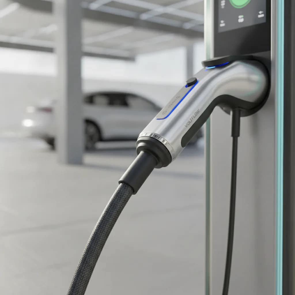 Adaptador de carregamento para carro elétrico conectado ao cabo da estação.