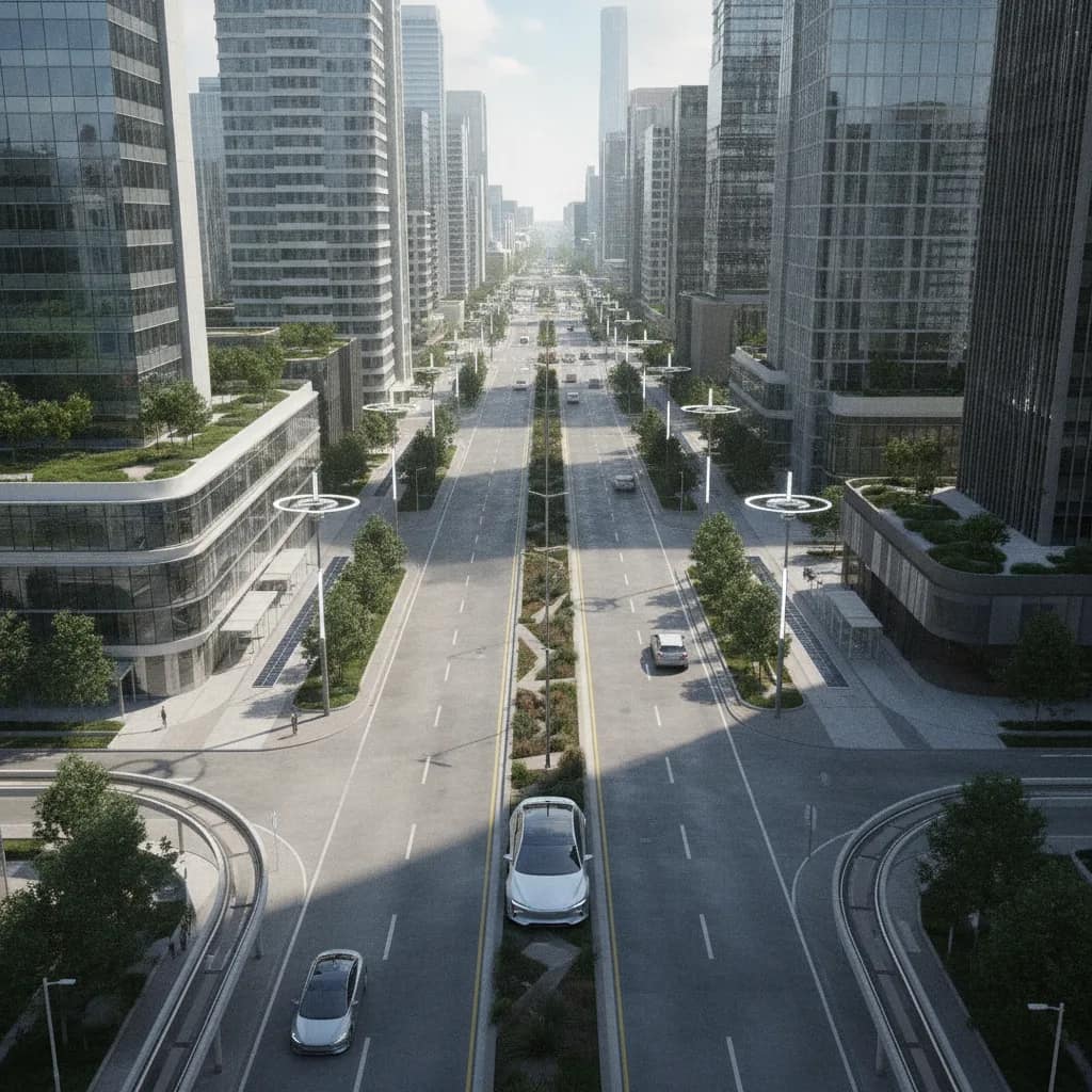 Visão aérea de um carro elétrico trafegando com facilidade em uma grande via urbana.