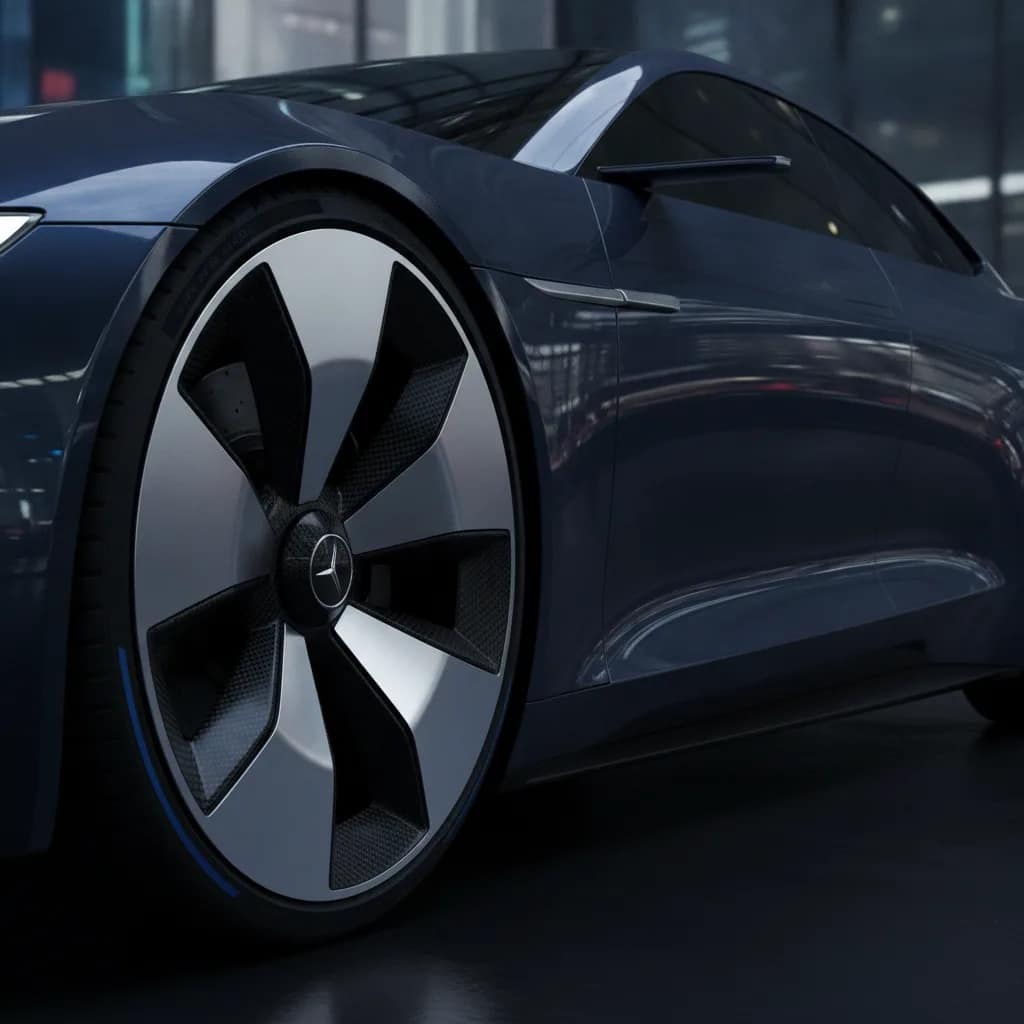 Detalhe aerodinâmico da lateral e roda de um veículo elétrico focado na eficiência energética.