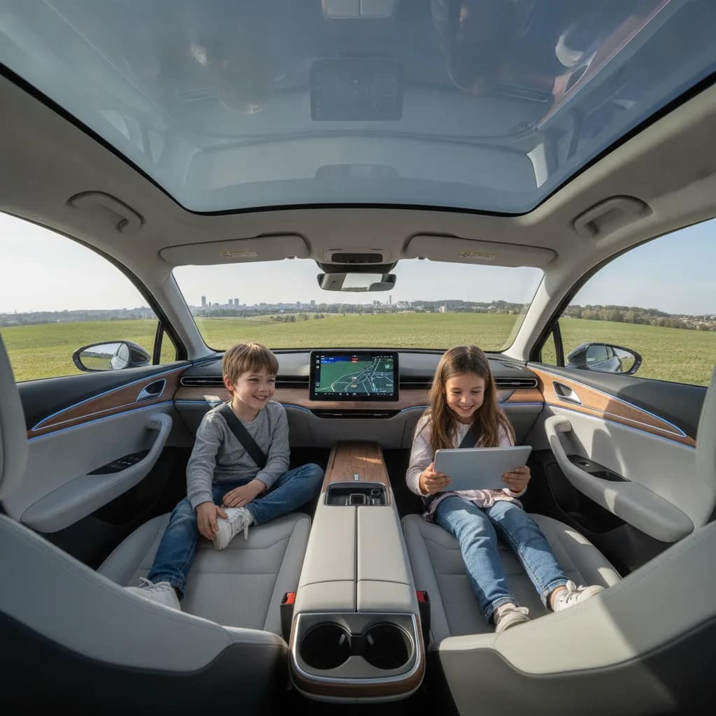 Crianças no banco traseiro de um carro elétrico durante uma viagem.