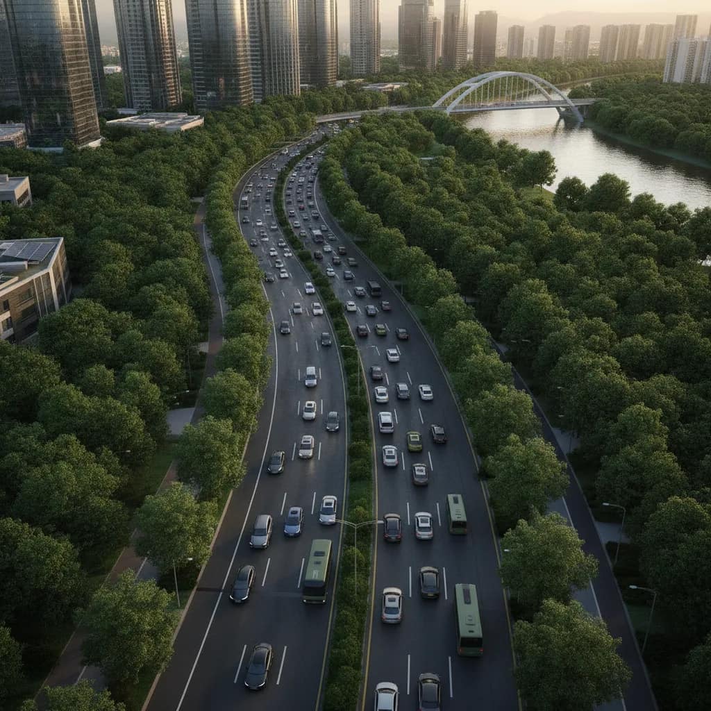 Vista aérea de trânsito fluido com veículos elétricos em cidade arborizada.