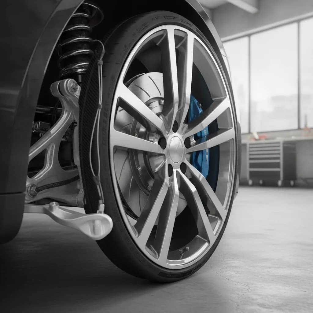 Inspecao de pneus e sistema de freios de um carro eletrico em oficina mecânica.