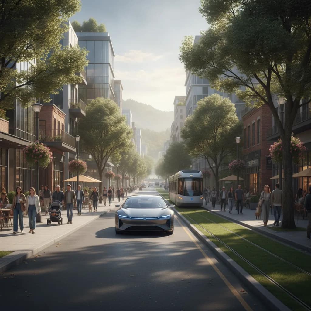Rua urbana arborizada com carro elétrico em circulação silenciosa e limpa.