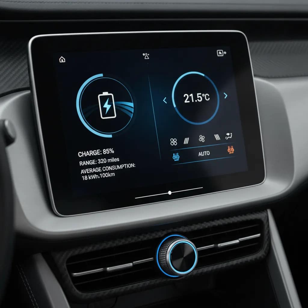 Tela do painel de controle de bateria e climatização do carro elétrico