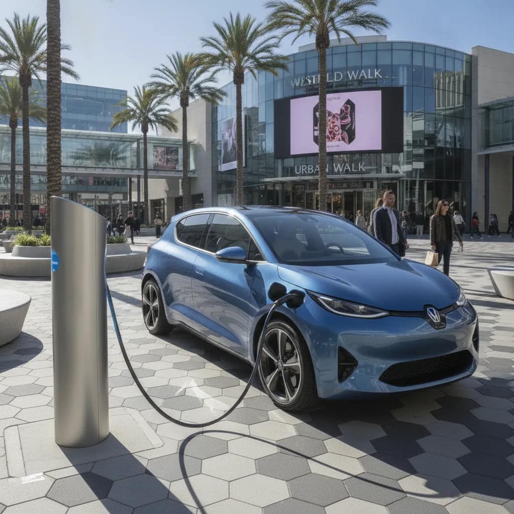 Veículo elétrico conectado ao carregador no ponto de apoio urbano em Vitória da Conquista.