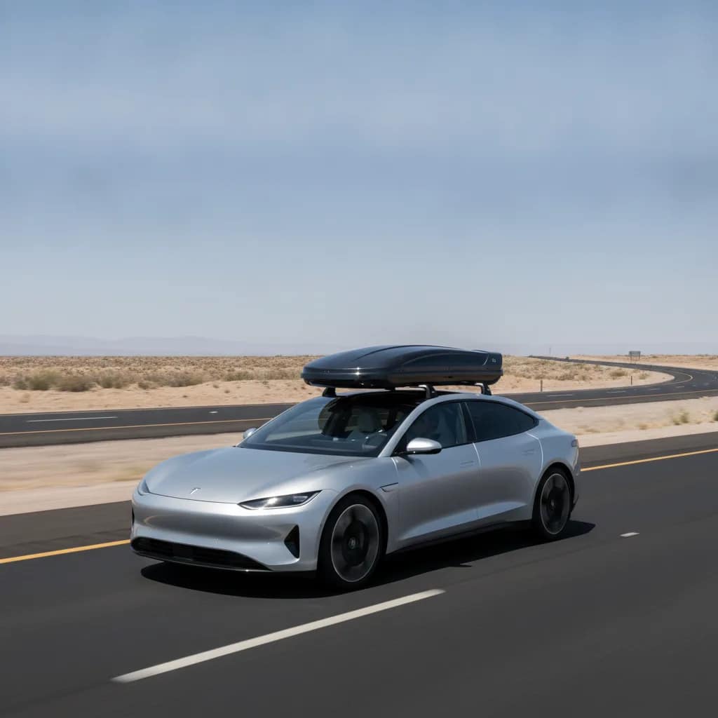Carro elétrico em rodovia com bagageiro aerodinâmico instalado no teto.