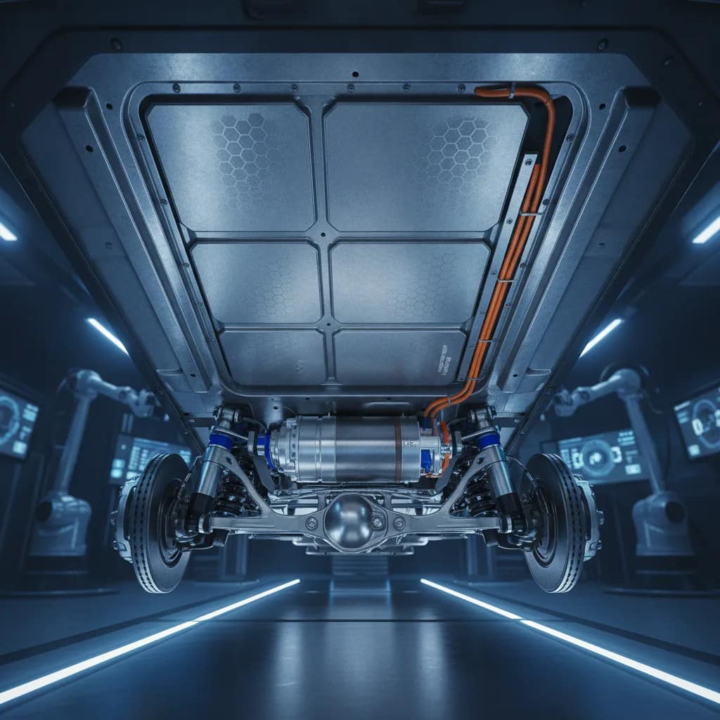 Arquitetura simplificada do motor elétrico e conjunto de baterias no chassis do veículo