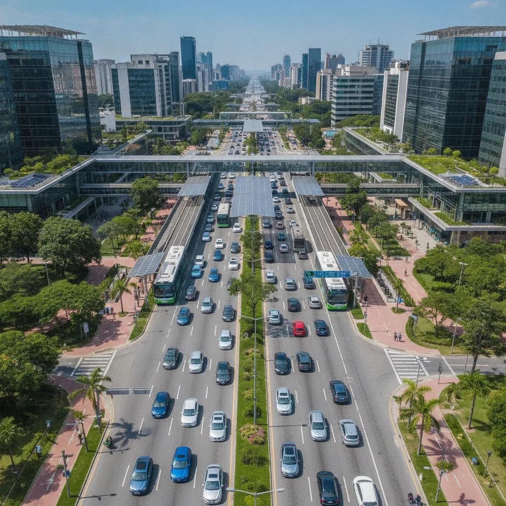 Visão aérea de uma cidade moderna e sustentável com tráfego fluido de veículos elétricos.