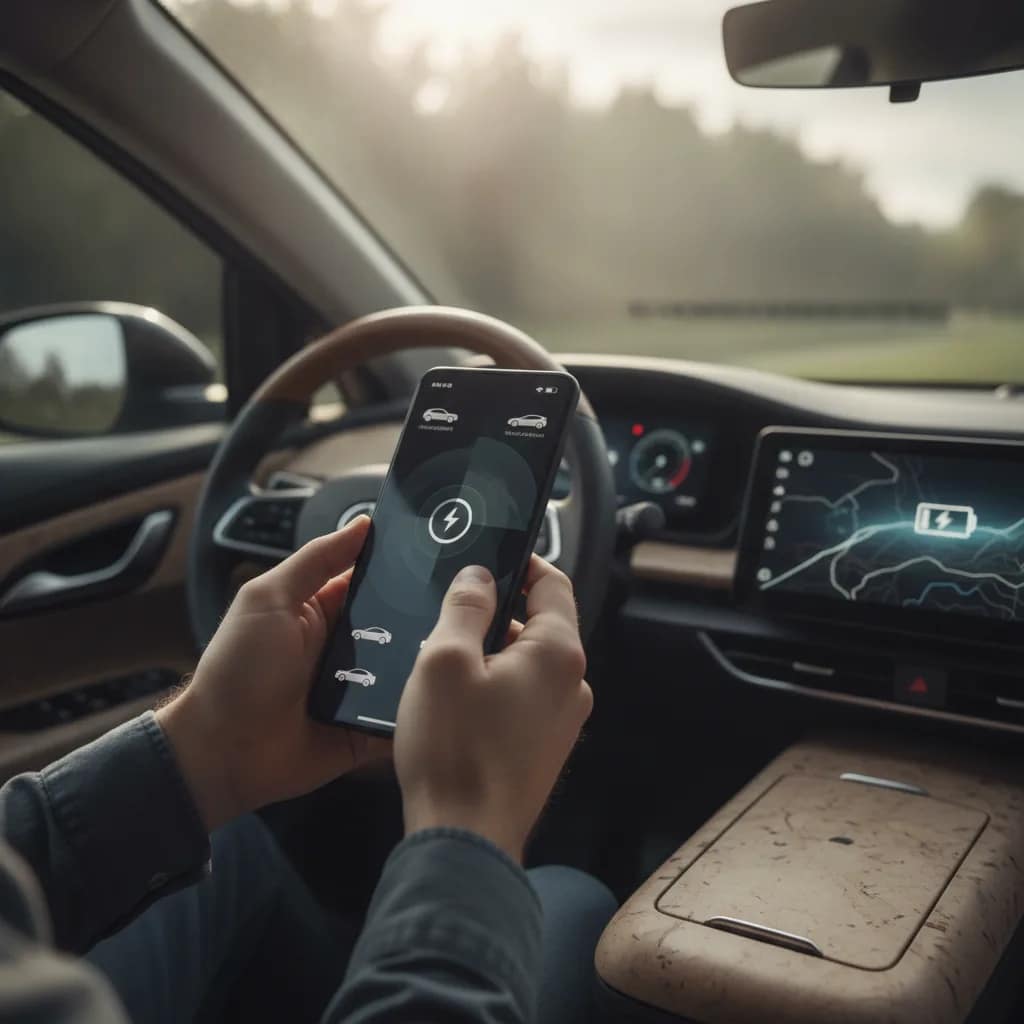 Motorista acessando aplicativo para alugar carro elétrico com facilidade
