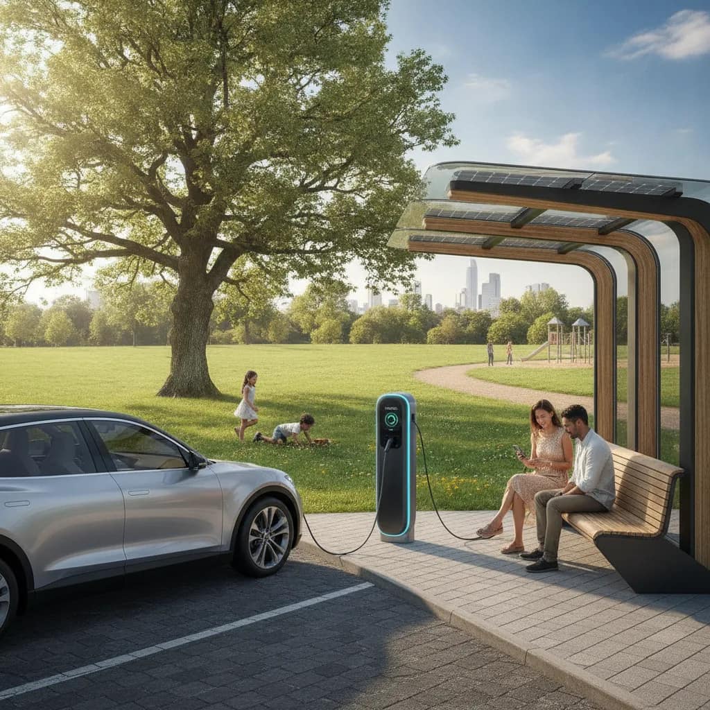 Família aproveitando área verde enquanto o carro elétrico é recarregado na estrada