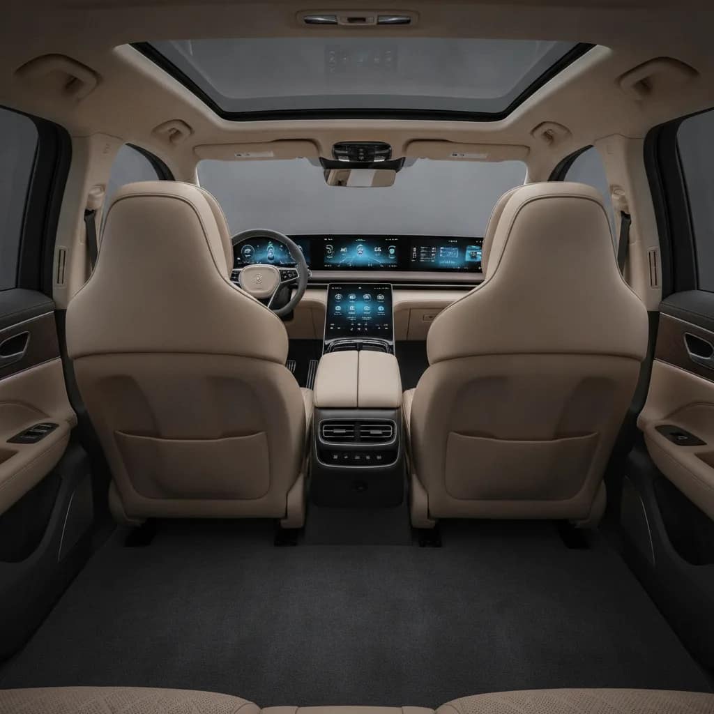 Espaço interno traseiro amplo de um SUV elétrico familiar.