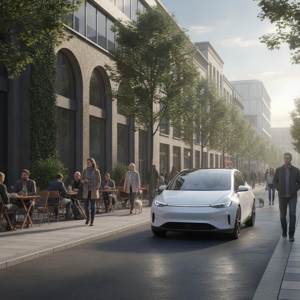 Carro elétrico trafegando silenciosamente por uma rua urbana movimentada com pedestres.