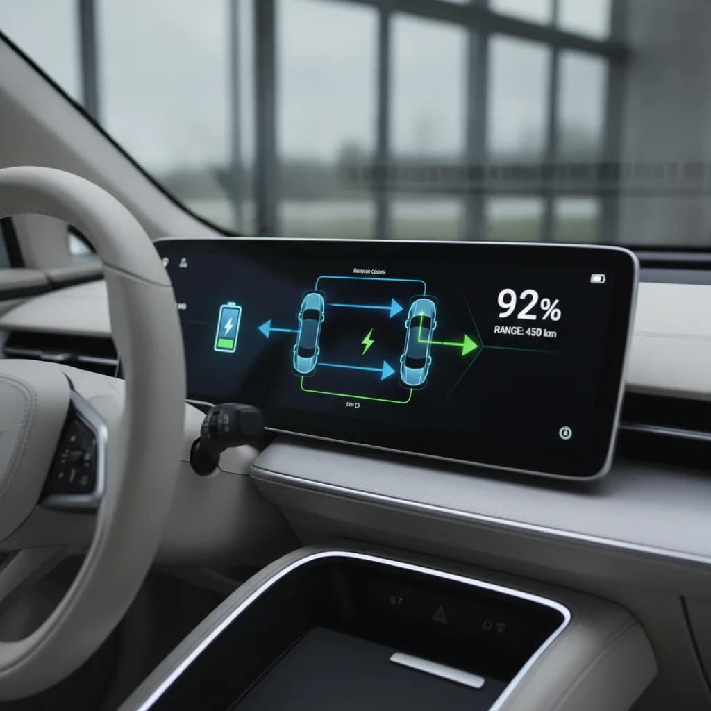 Painel digital de carro elétrico mostrando nível de bateria e consumo de energia