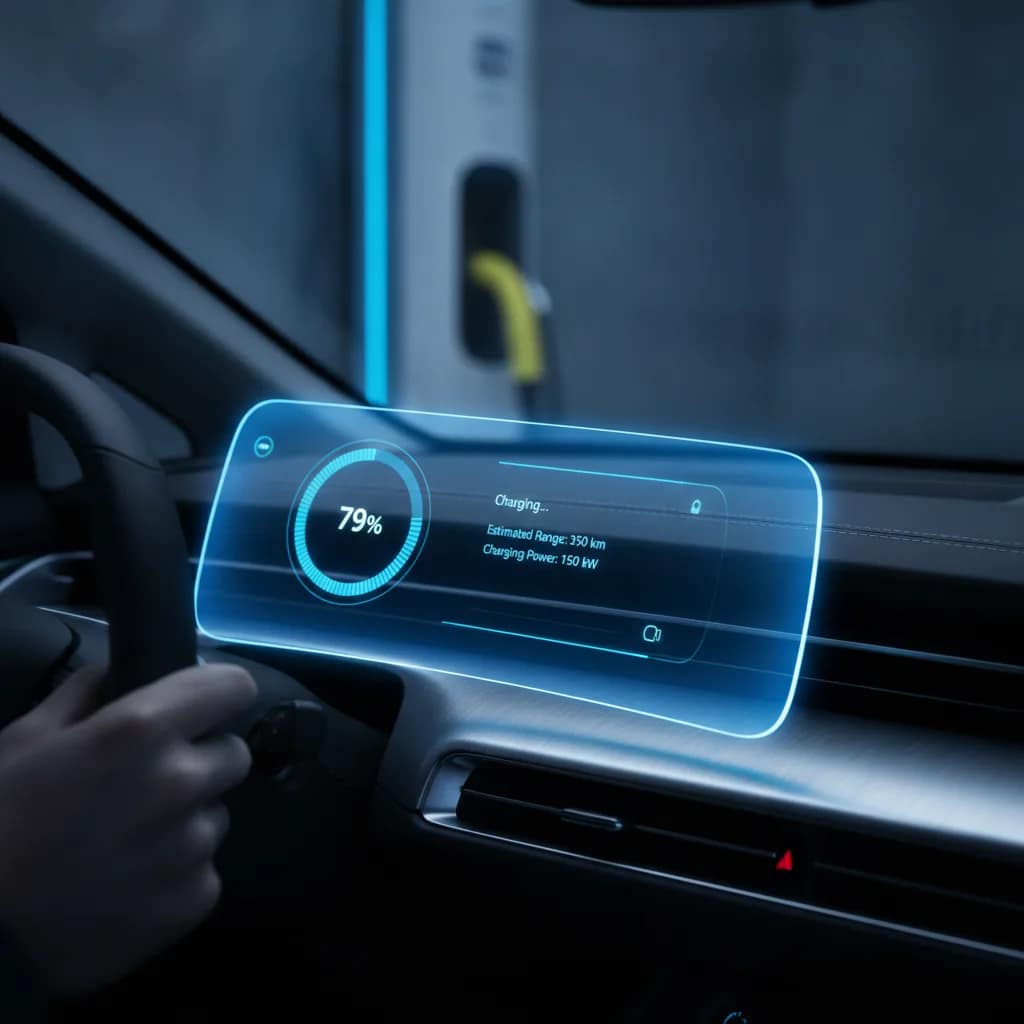 Painel digital de veículo elétrico mostrando nível de bateria e eficiência