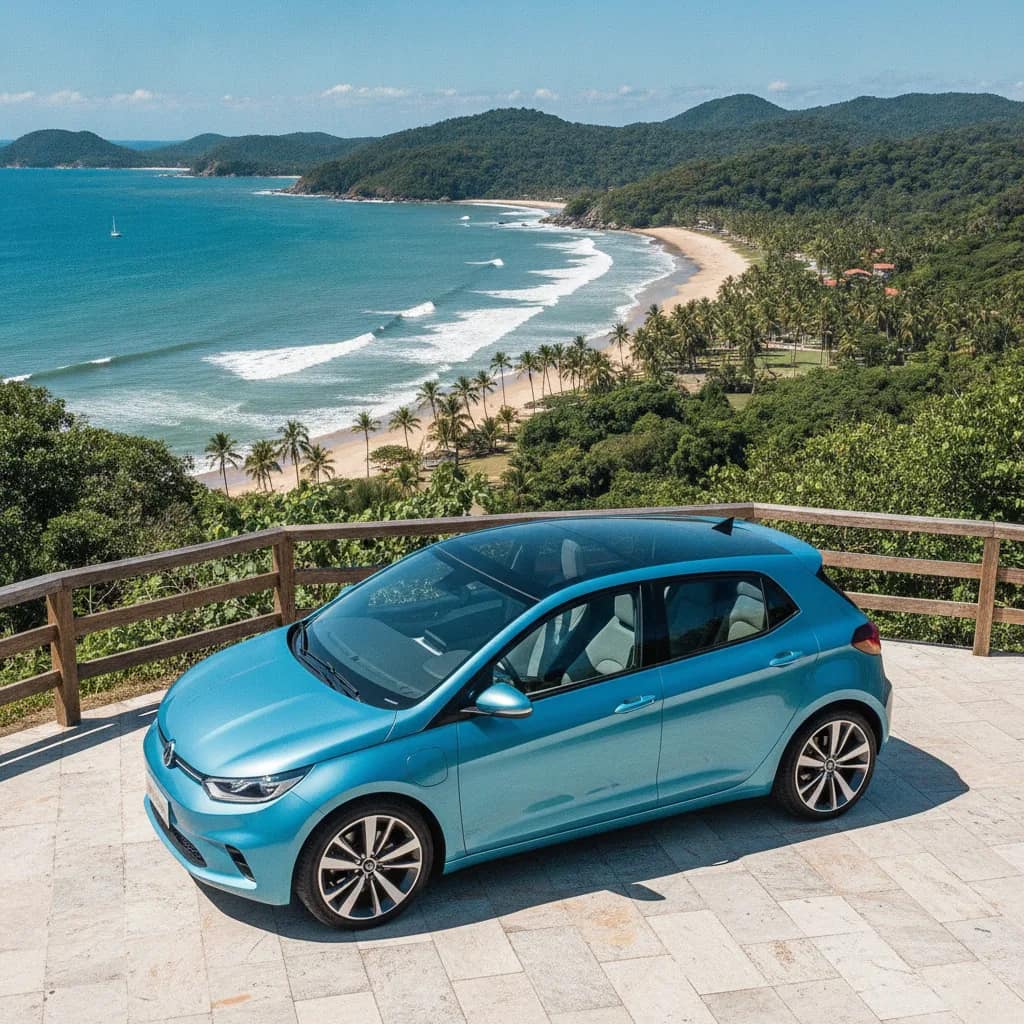 Carro elétrico compacto estacionado em mirante na região de Vitória da Conquista