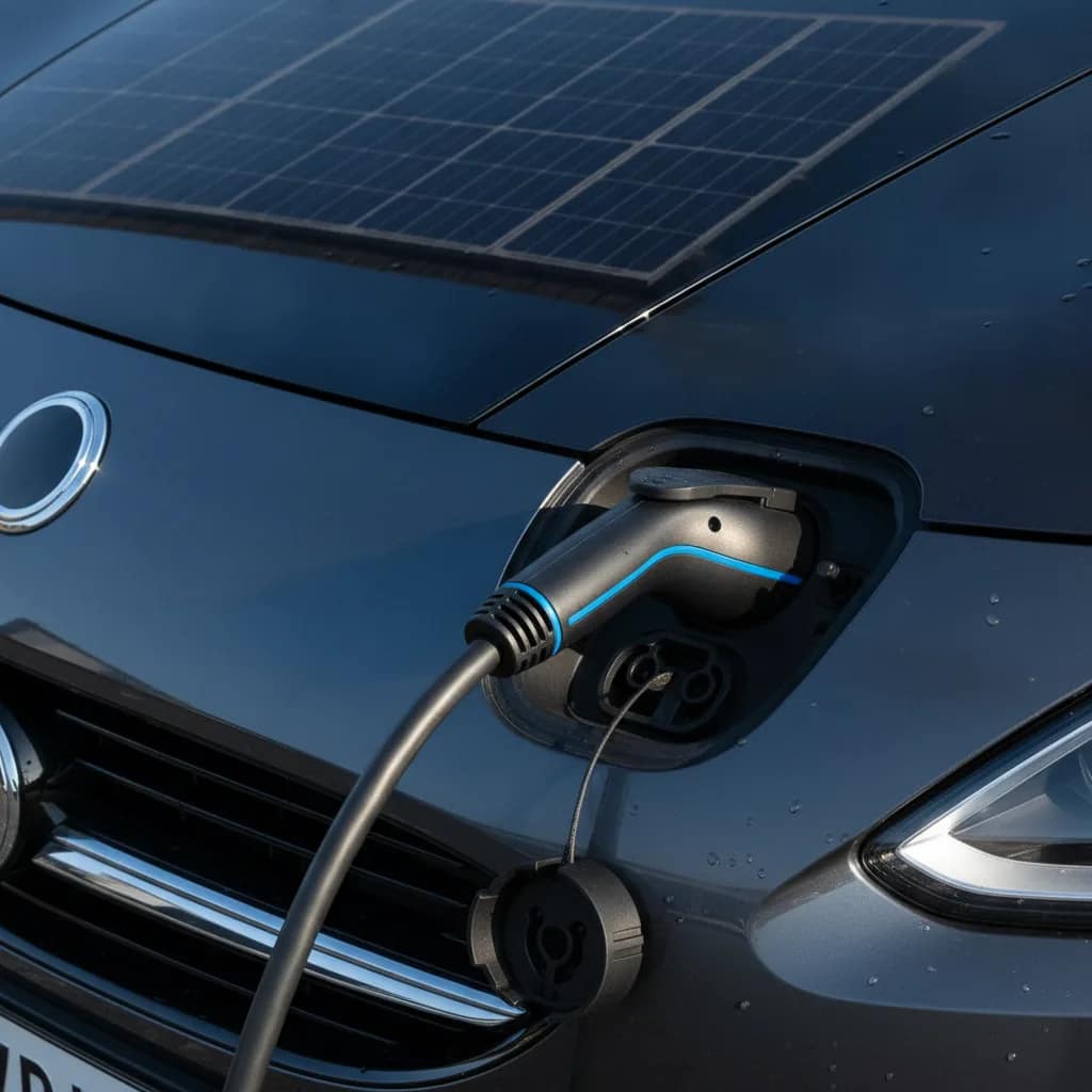 Cabo de carregamento de carro elétrico com reflexo de painéis solares.