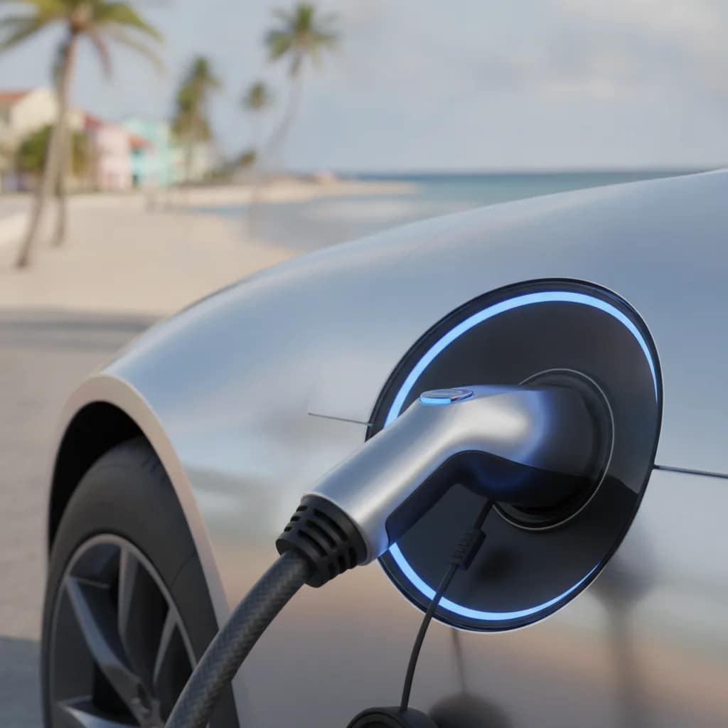 Cabo de recarga conectado na lateral de um carro elétrico em ambiente praiano.