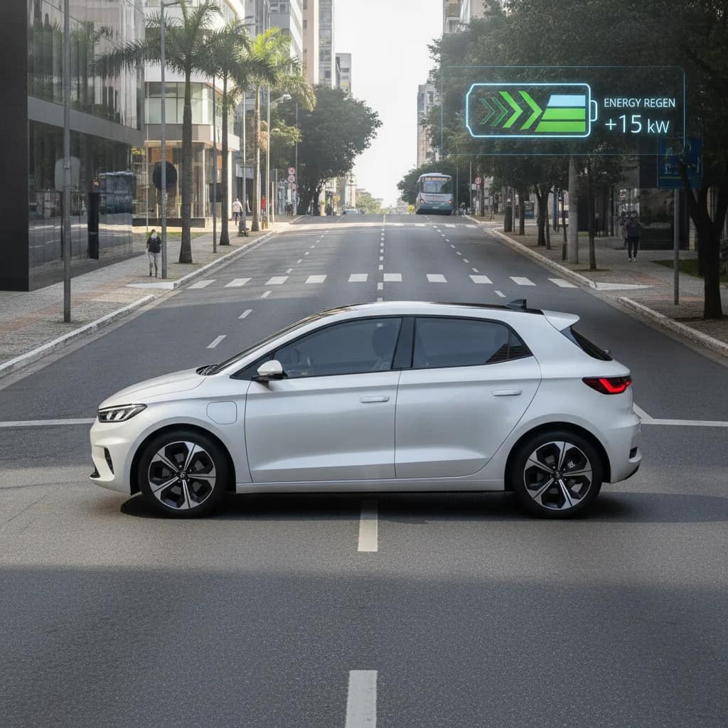Veículo elétrico compacto em declive urbano utilizando frenagem regenerativa.