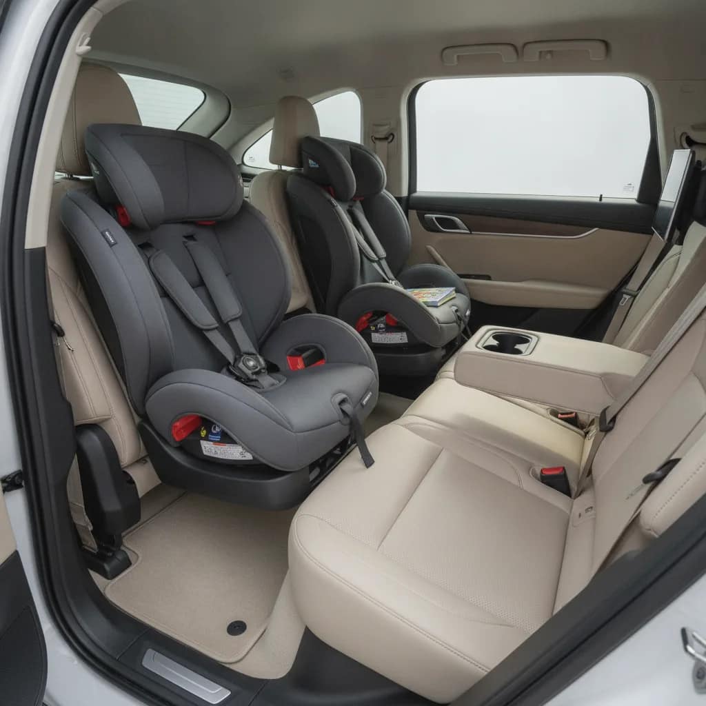 Banco traseiro de SUV elétrico equipado com duas cadeirinhas infantis e amplo espaço interno.