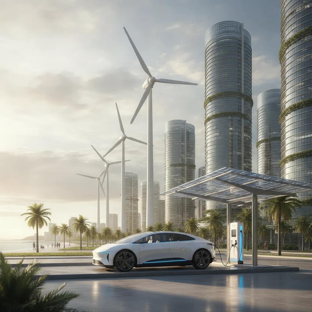 Ilustração de fontes de energia renovável conectadas à recarga de veículos elétricos.