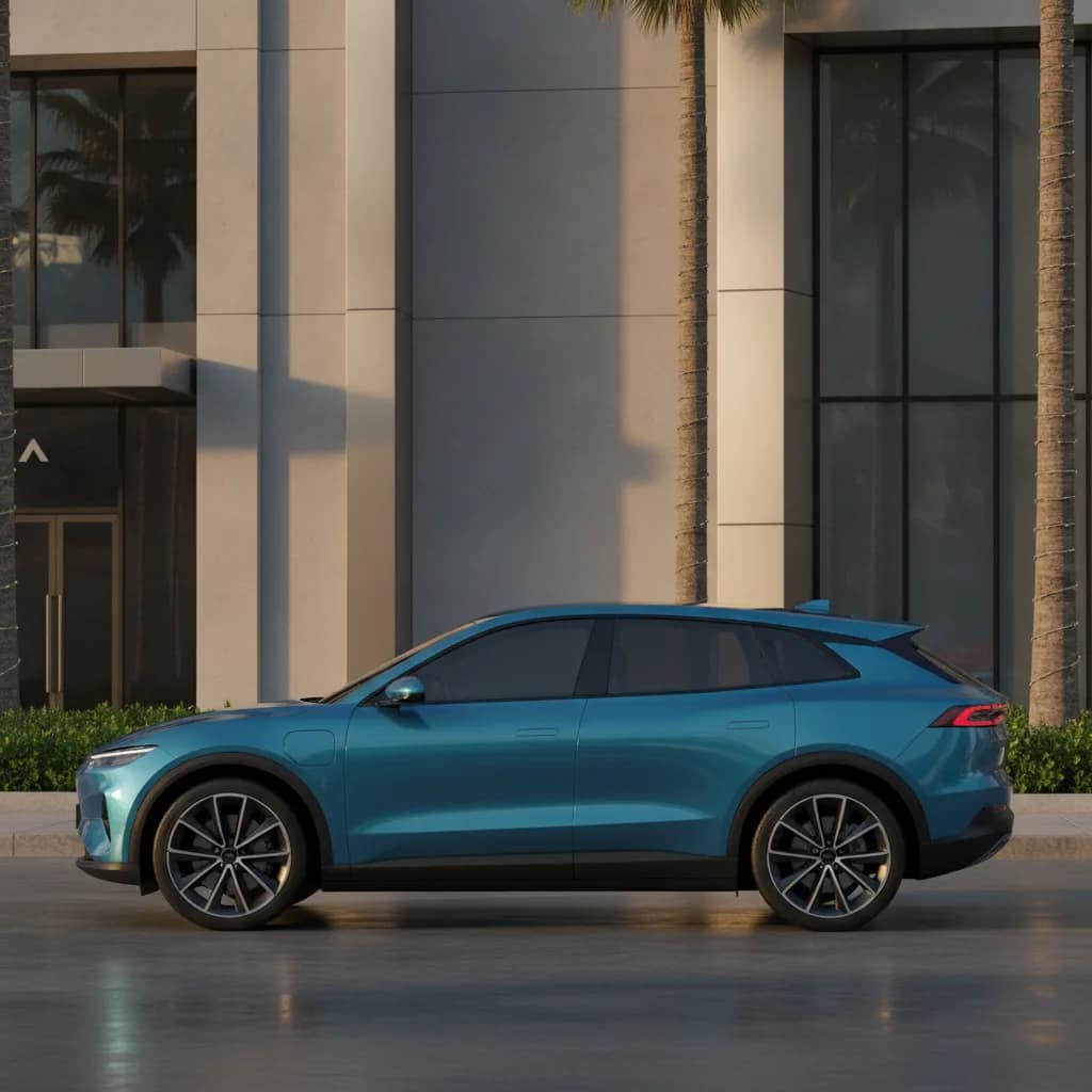 SUV elétrico azul estacionado próximo ao centro de compras em Vitória da Conquista.