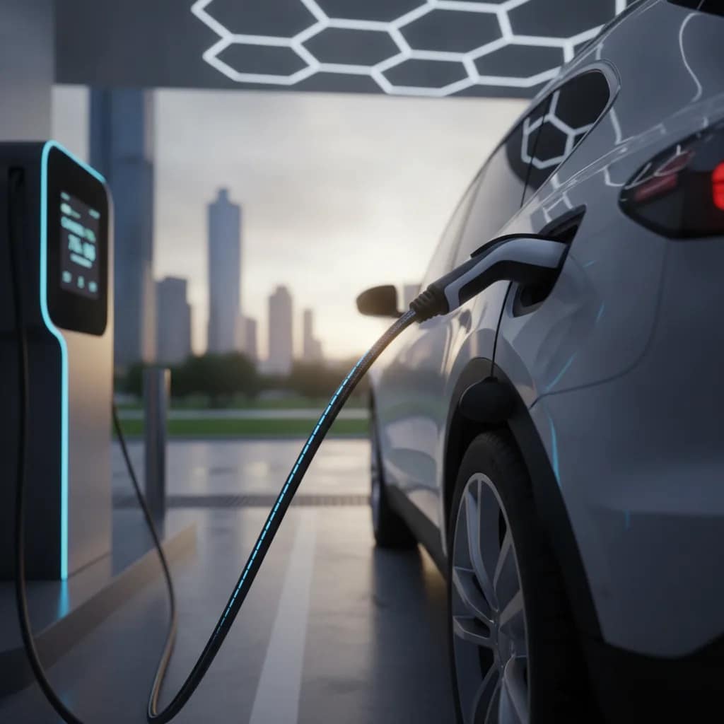 Carro elétrico familiar conectado a um ponto de recarga rápido