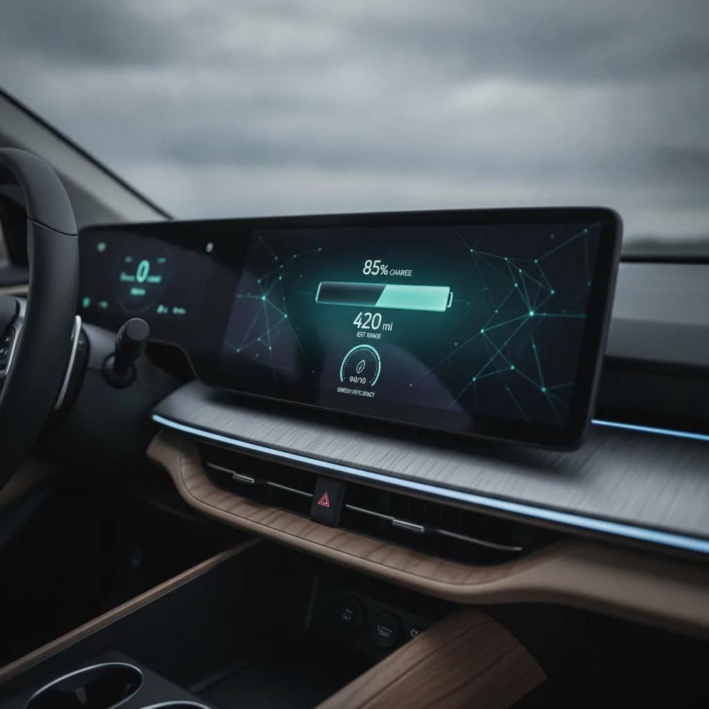Painel digital de carro elétrico exibindo autonomia e consumo de energia.