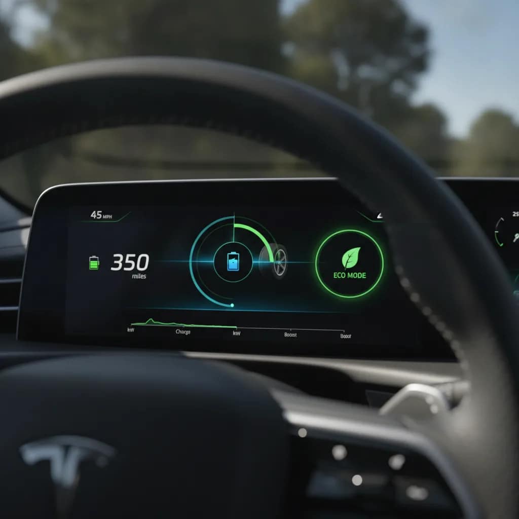 Painel de carro elétrico mostrando o indicador de autonomia e consumo de energia.