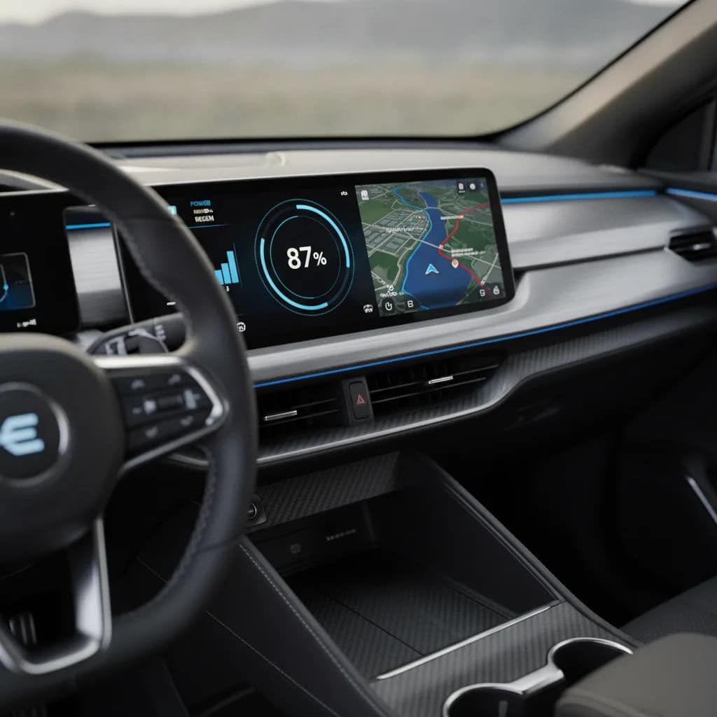 Painel digital do carro elétrico mostrando nível de bateria e indicação de energia regenerativa
