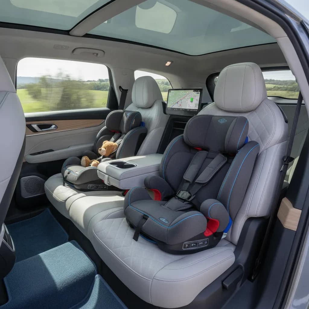 Espaço interno traseiro amplo de um SUV elétrico familiar com cadeirinhas infantis.