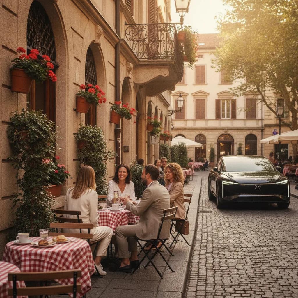 Pessoas em um café ao ar livre enquanto um carro elétrico passa de forma silenciosa na rua