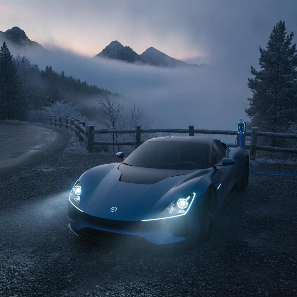 Carro elétrico estacionado em um mirante de serra com neblina ao fundo.