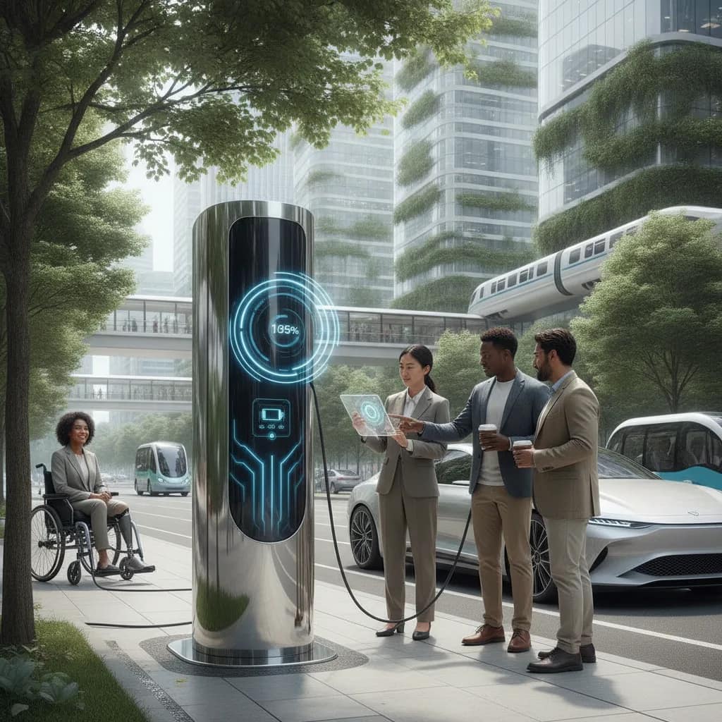 Pessoas utilizando terminal de recarga de carro elétrico em ambiente urbano.
