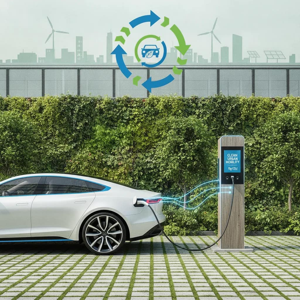 Carro elétrico sendo carregado em uma estação cercada por vegetação urbana.