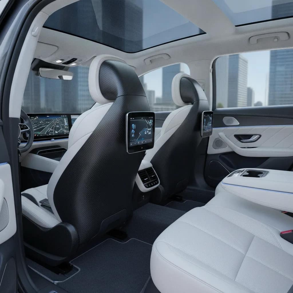 Espaço interno traseiro de um carro elétrico equipado com cadeirinhas infantis.