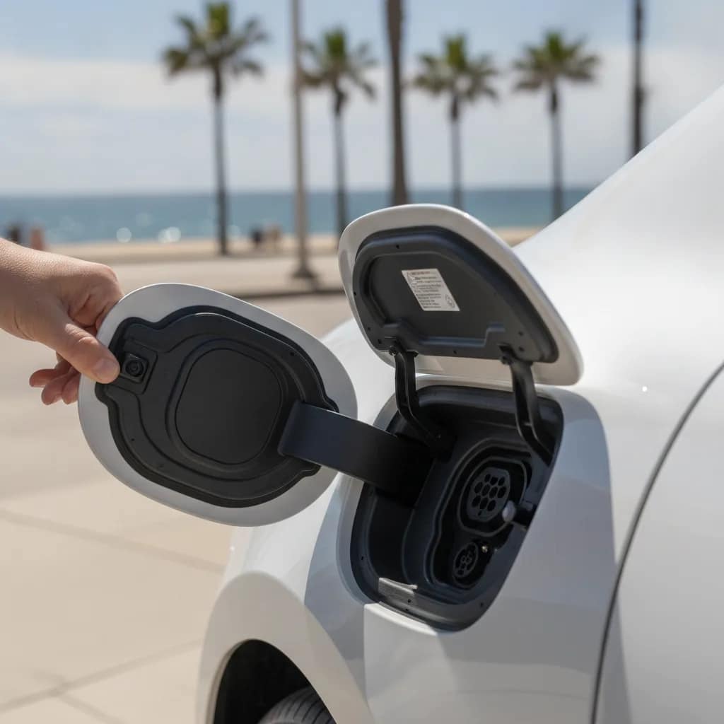 Detalhe da porta de carregamento de um carro elétrico em ambiente praiano com mar ao fundo.
