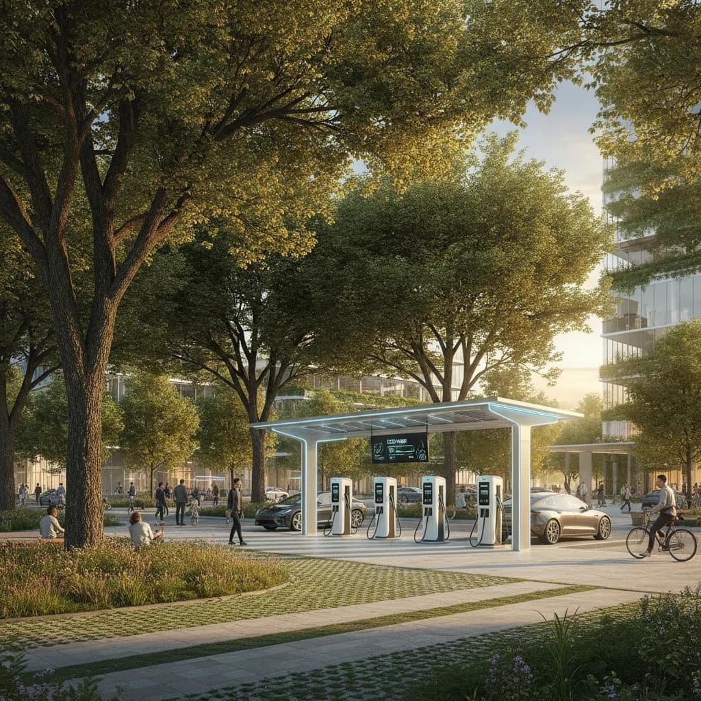Estação de carregamento de veículos elétricos em uma área urbana sustentável e arborizada.