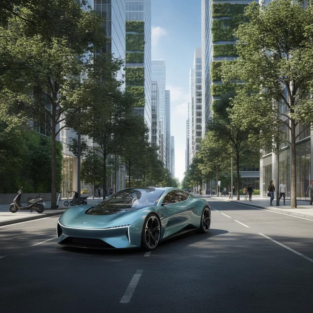 Carro elétrico rodando em uma avenida urbana cercada por árvores e edifícios modernos.