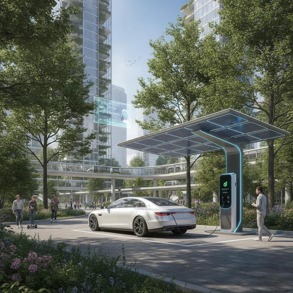 Estação de carregamento de carro elétrico em ambiente urbano arborizado