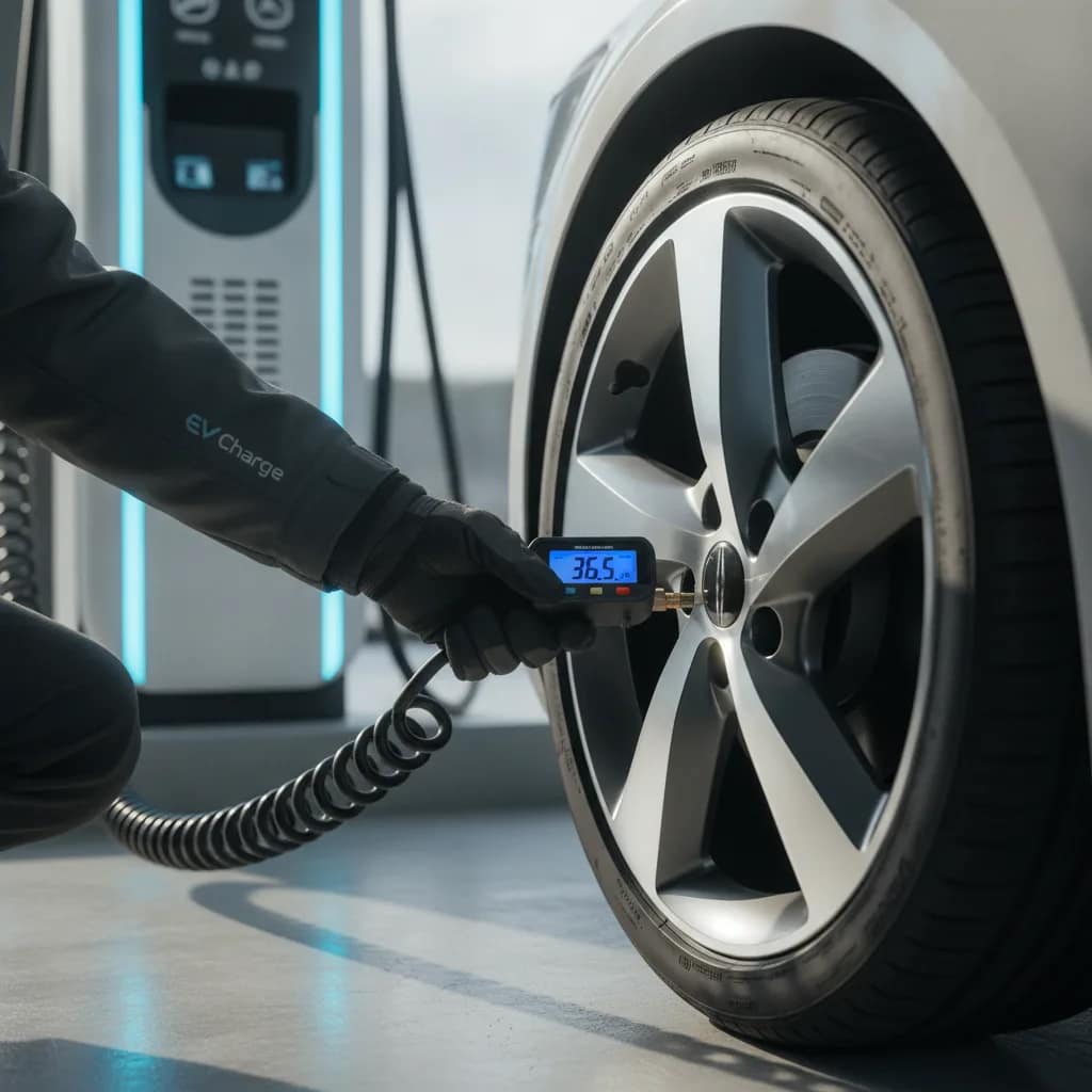 Pessoa calibrando os pneus de um carro elétrico em um posto de carregamento.