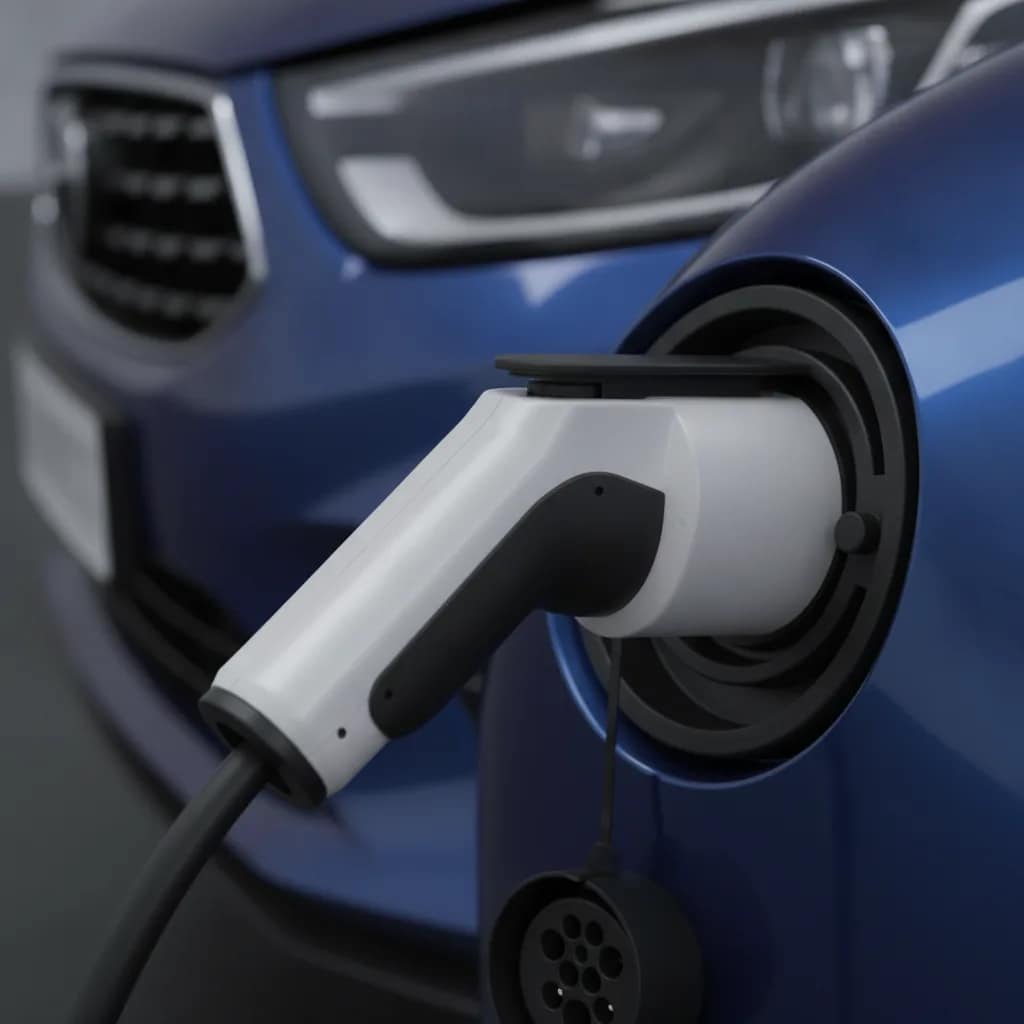 Detalhe de um conector Tipo 2 para recarga de carro elétrico.