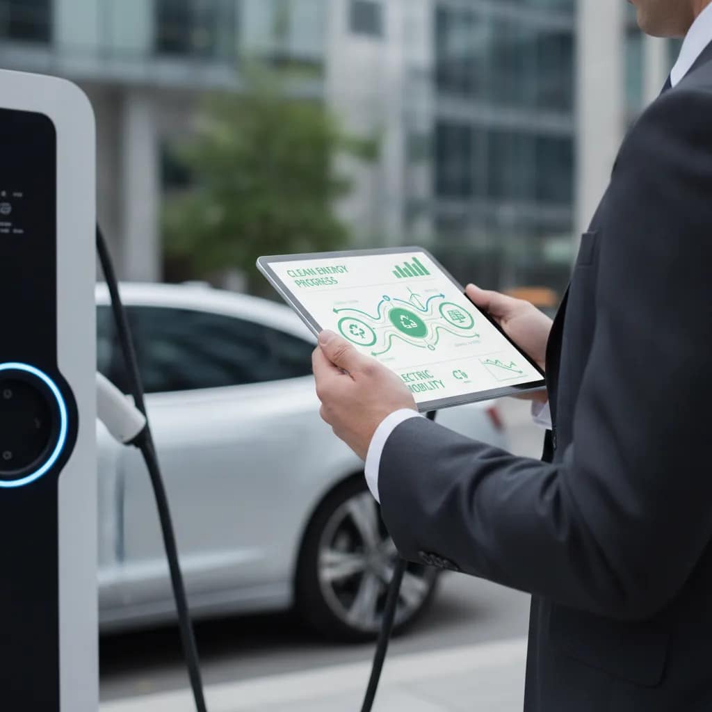 Profissional analisando dados de emissões de carbono e energia limpa em um tablet ao lado do carro elétrico.