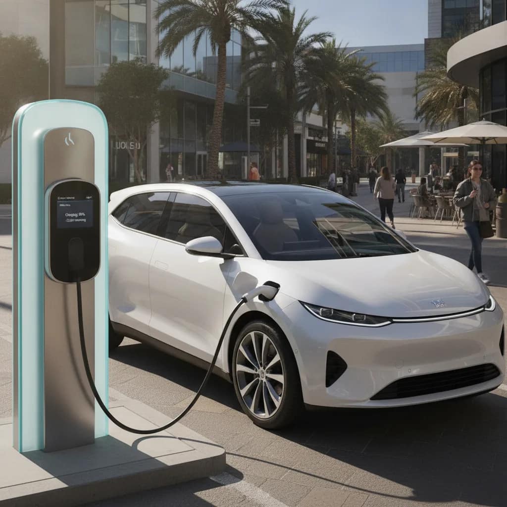 Carro elétrico moderno conectado a uma estação de recarga em área urbana.