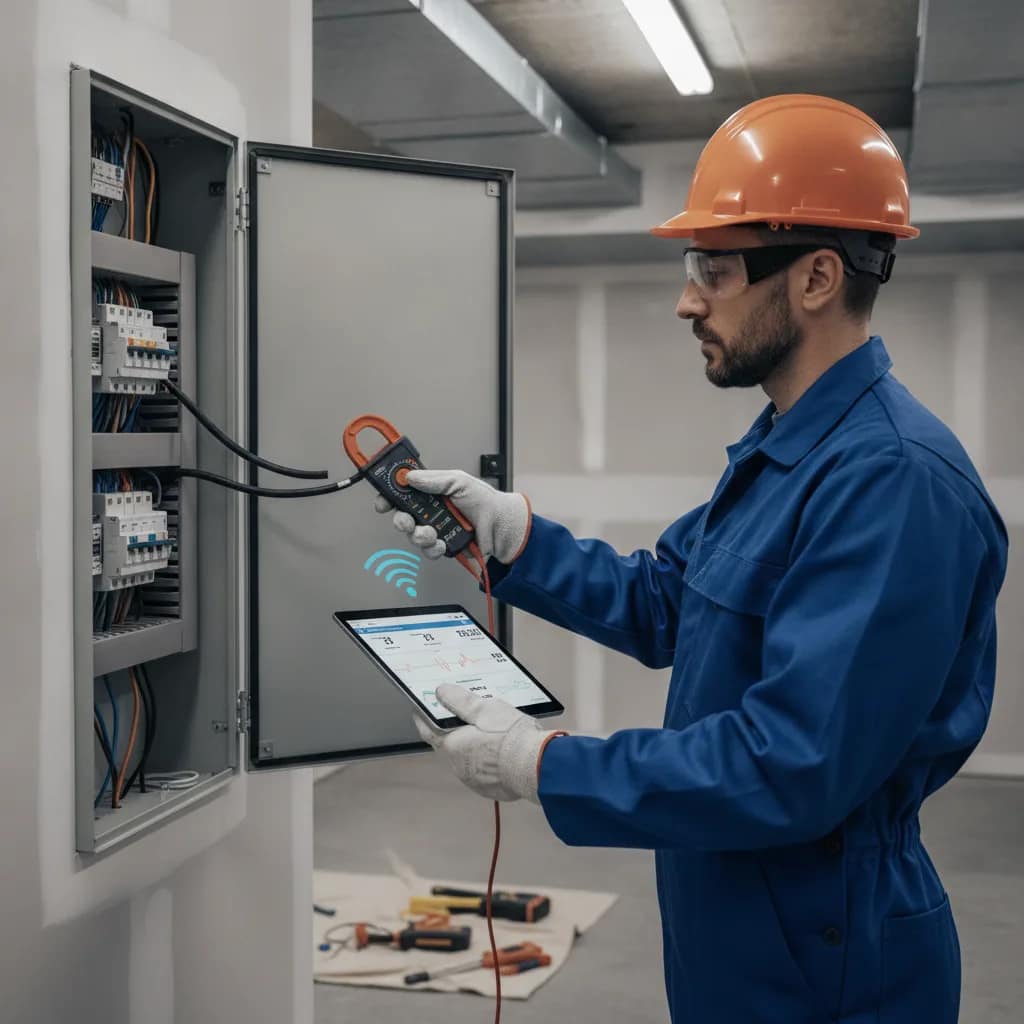 Eletricista realizando inspeção técnica de painel elétrico em condomínio.