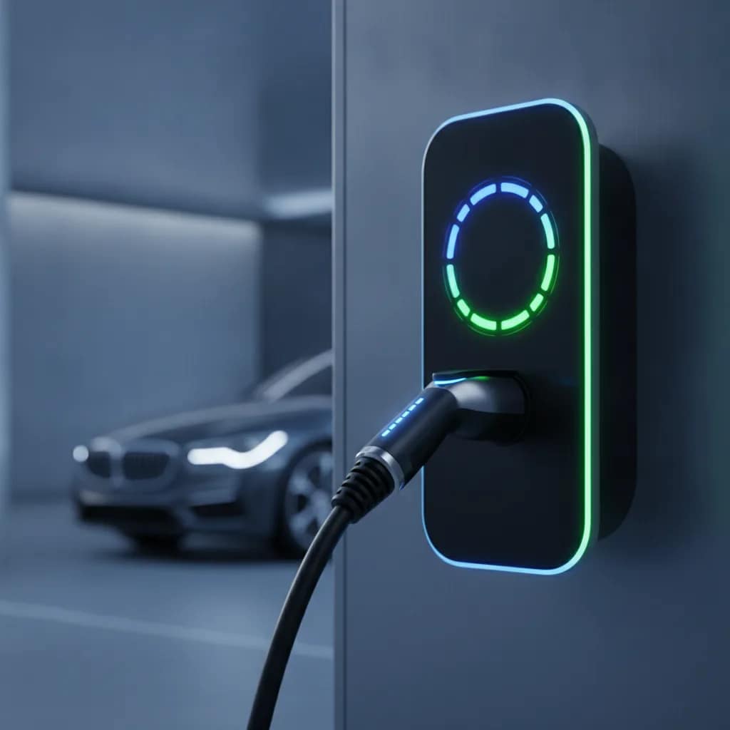 Detalhe do conector de recarga plugado em um eletroposto público.