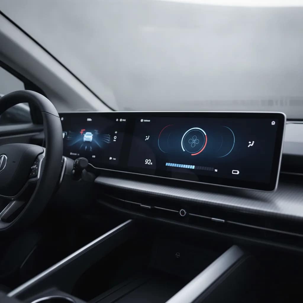 Painel de controle de temperatura e nível da bateria de um carro elétrico.