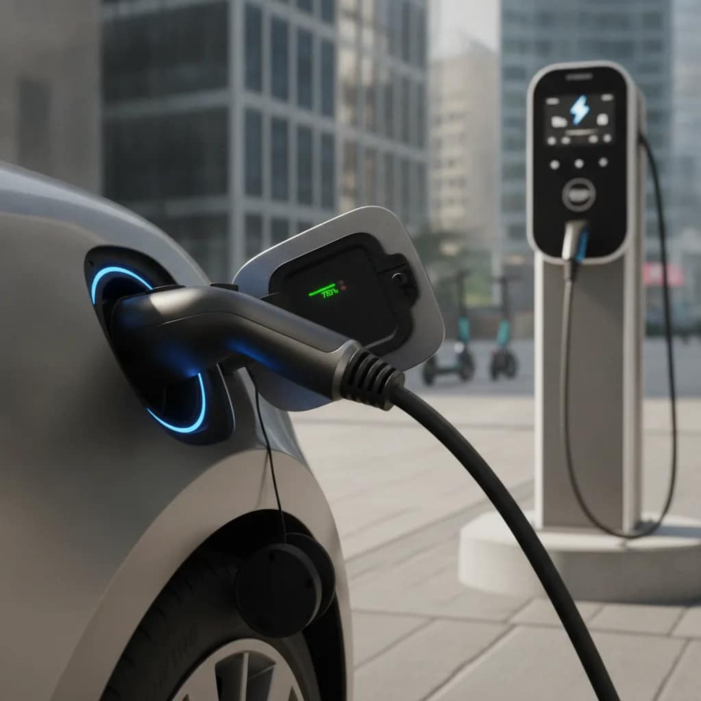 Cabo de carregamento conectado a um veículo elétrico em estação de recarga