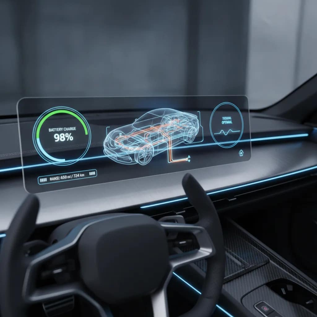 Painel digital de carro elétrico mostrando o gerenciamento de temperatura e estado da bateria.
