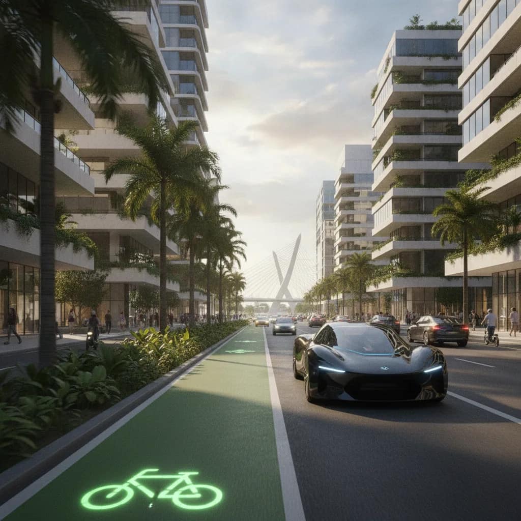 Carro elétrico trafegando em uma via urbana moderna e sustentável.