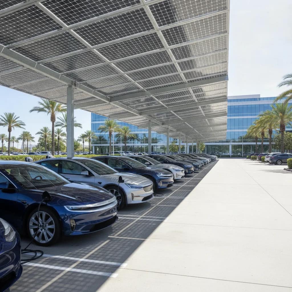 Frota de carros elétricos corporativos em estacionamento com cobertura solar.